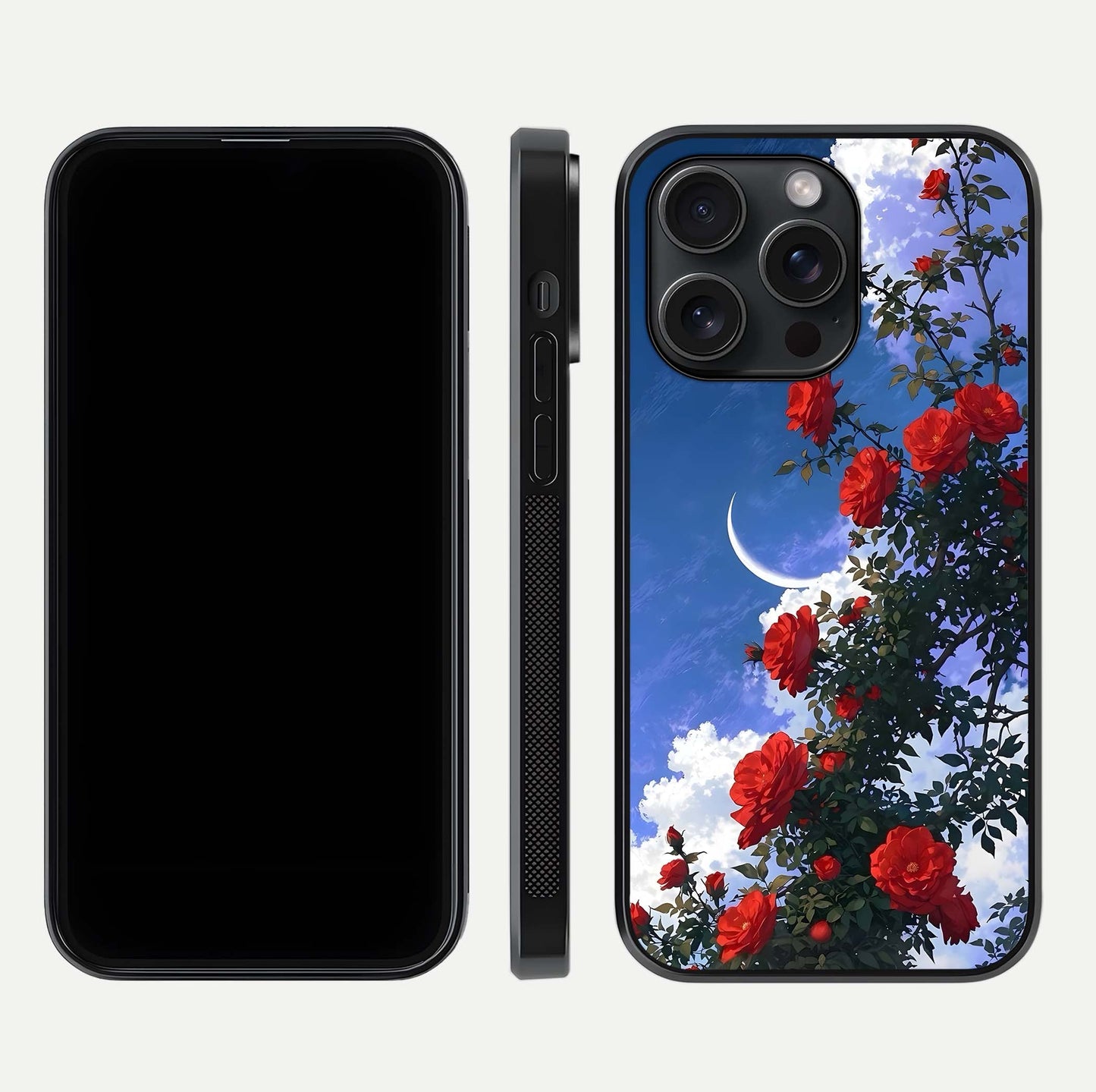 Rose Drift Flowers Glass Case for iPhone 15 Pro front & back layout showing rose gradient tones and edges