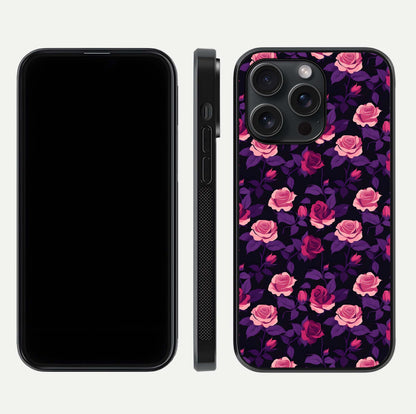 Rose Garden Twilight Glass Case for iPhone 15 Pro front & back layout showing rich twilight tones and edges