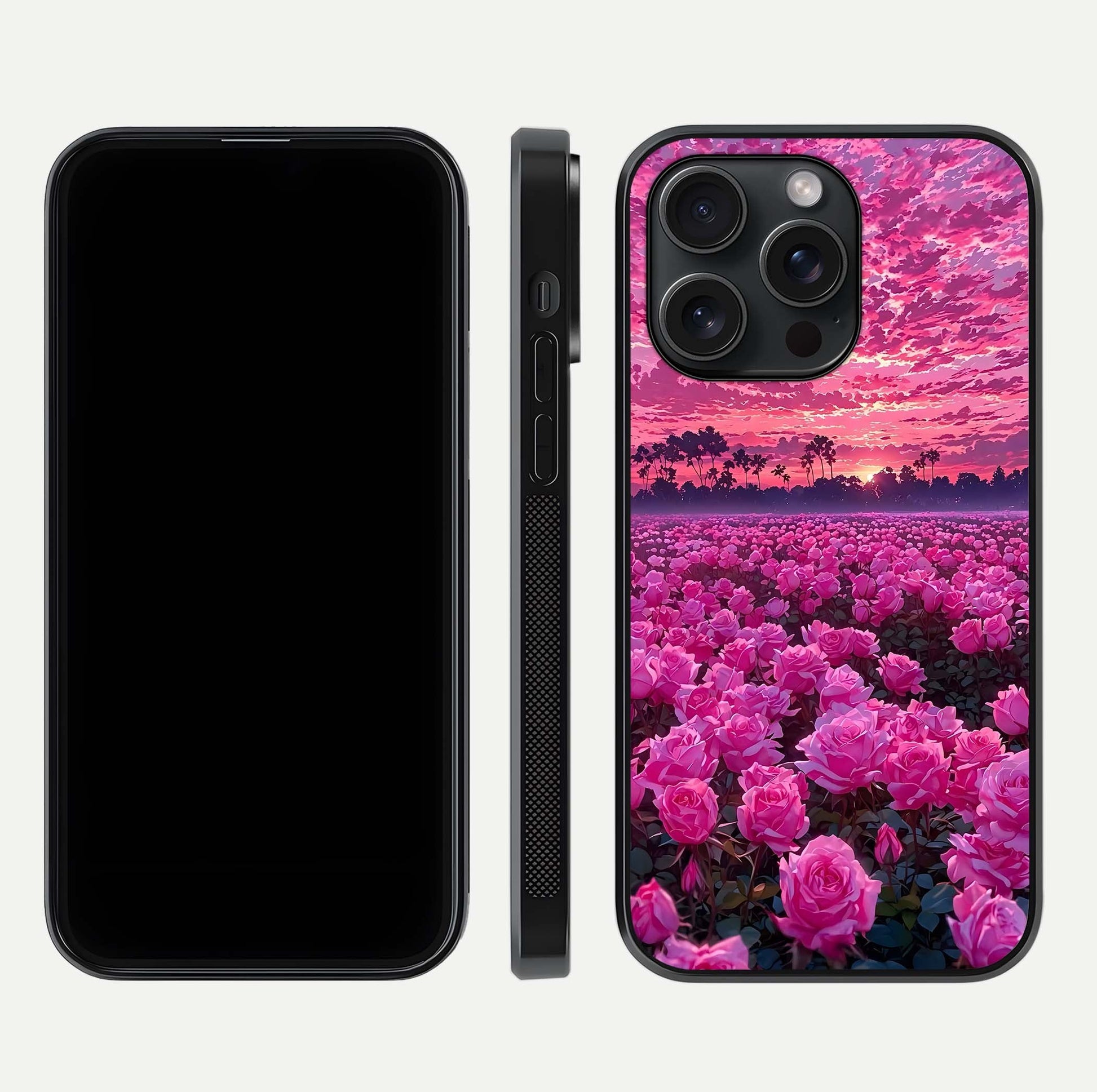 Rose Sunset Valley Glass Case for iPhone 15 Pro front & back layout highlighting gradient tones and glass shine