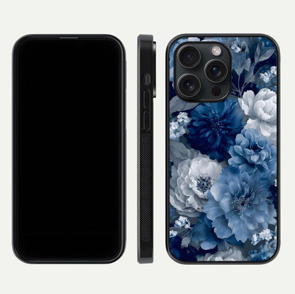 Royal Bloom Garden Glass Case for iPhone 15 Pro front & back layout showing soft tones and curved glass design