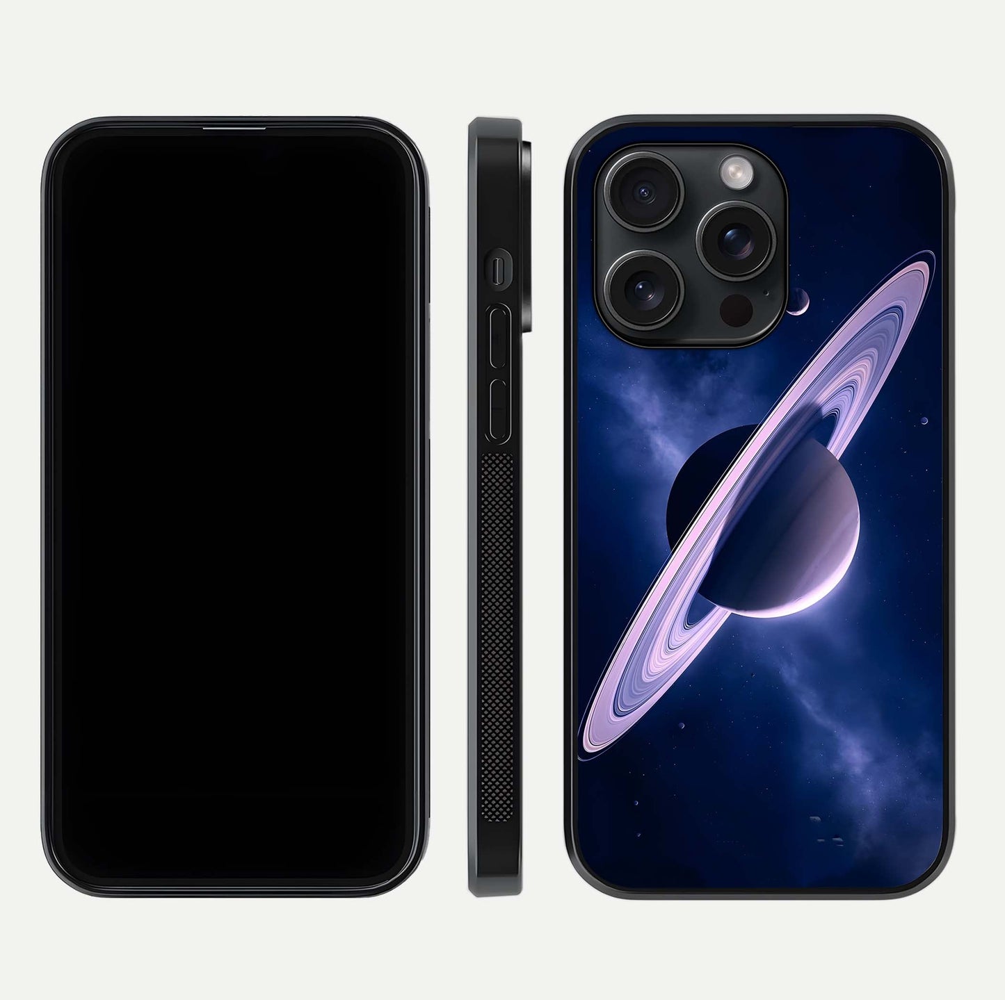 Saturn Ring Mystique Glass Case for iPhone 15 Pro front & back layout showing cosmic tones and edge glow