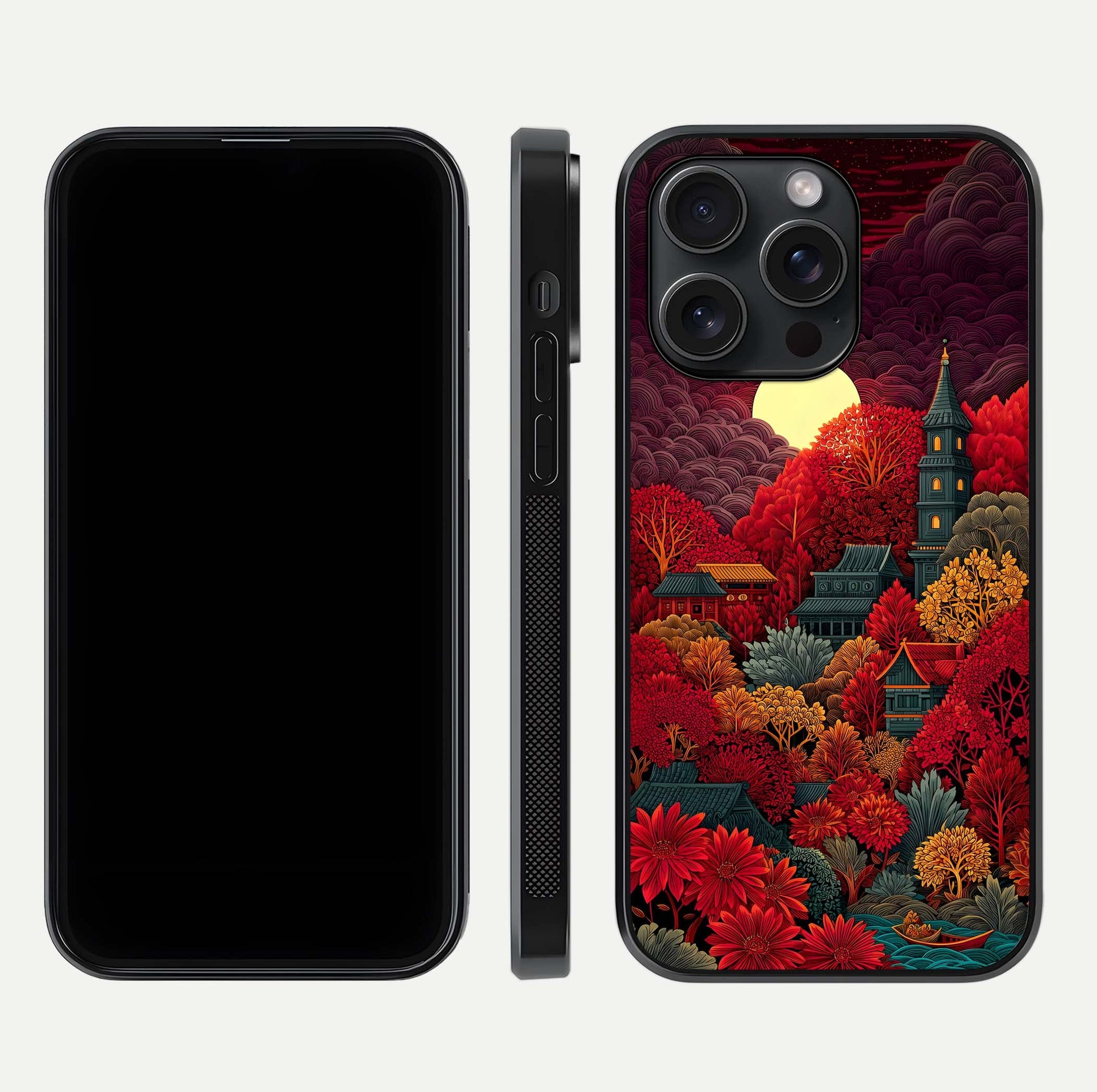 Scarlet Autumn Temple Glass Case for iPhone 15 Pro front & back layout showing scenic tones and curved edges