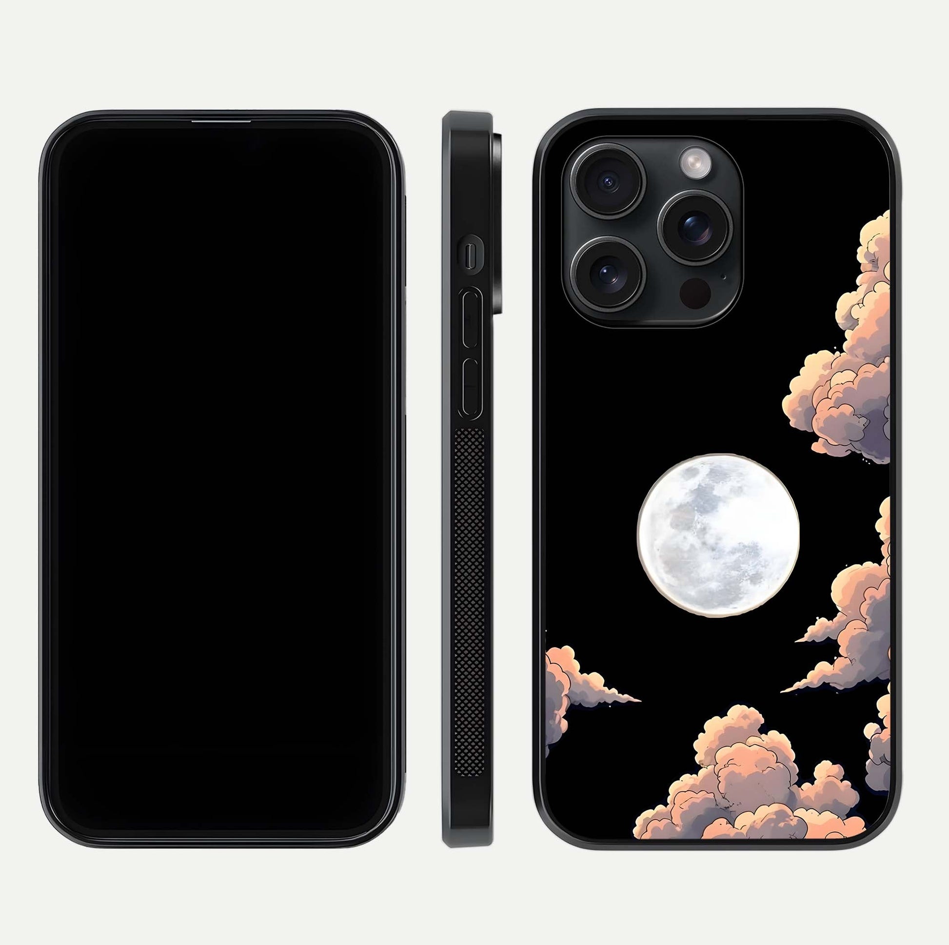 Shade Cloud Moon Glass Case for iPhone 15 Pro front & back layout showing soft gradient tones and edges