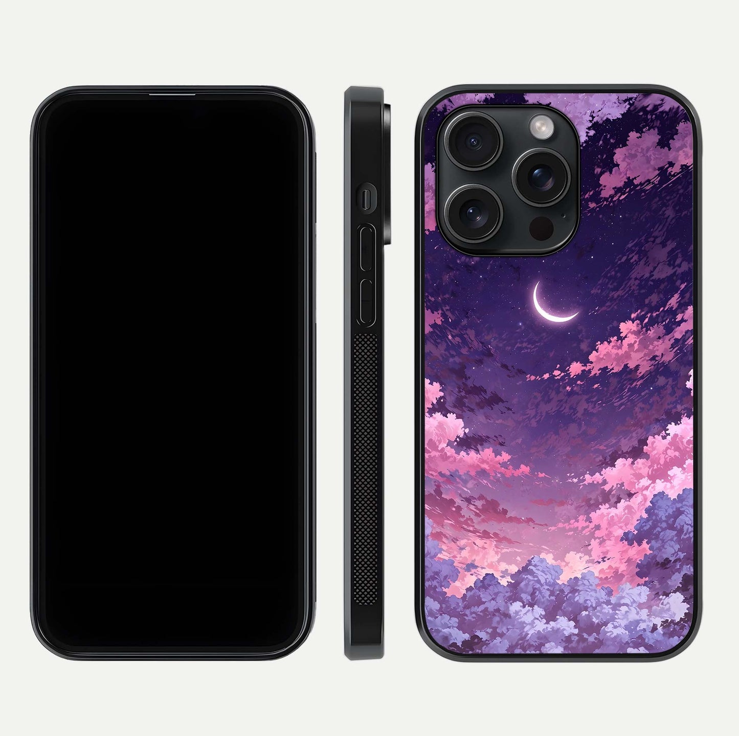 Sky Drift Clouds Glass Case for iPhone 15 Pro front & back layout showing sky tones and smooth edge design