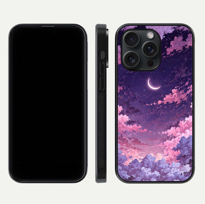 Sky Drift Clouds Glass Case for iPhone 15 Pro front & back layout showing sky tones and smooth edge design
