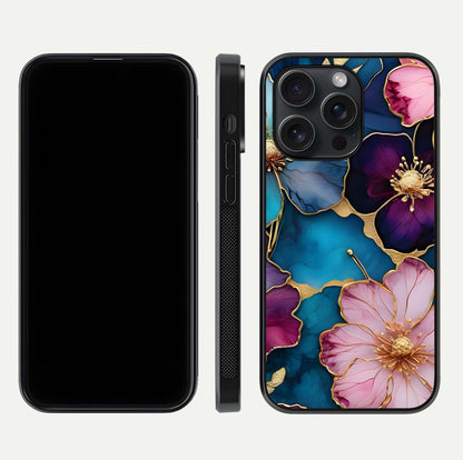 Sparkle Floral Glass Case for iPhone 15 Pro front & back layout showing floral print and edge clarity