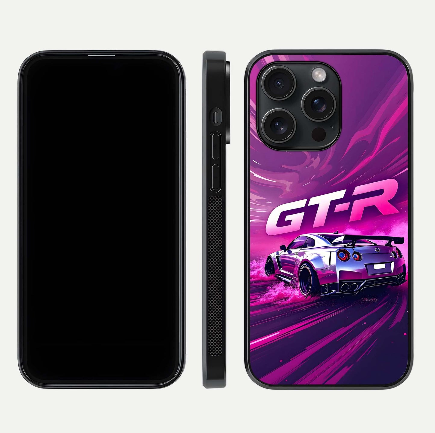 Speed Drift Legend Glass Case for iPhone 15 Pro front & back layout showing bold tones and smooth edges