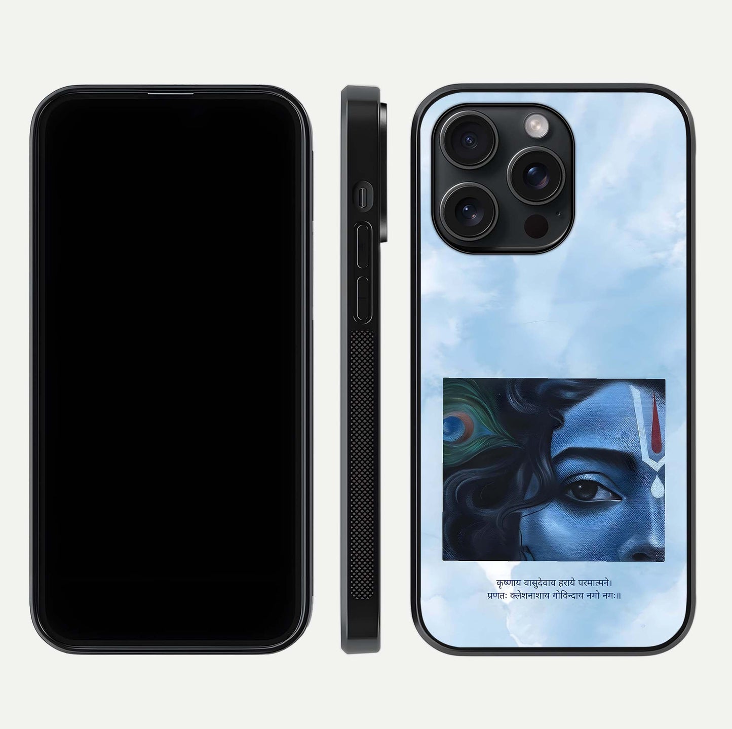Spiritual Krishna Glass Case for iPhone 15 Pro front & back layout showing spiritual artwork and clean edge