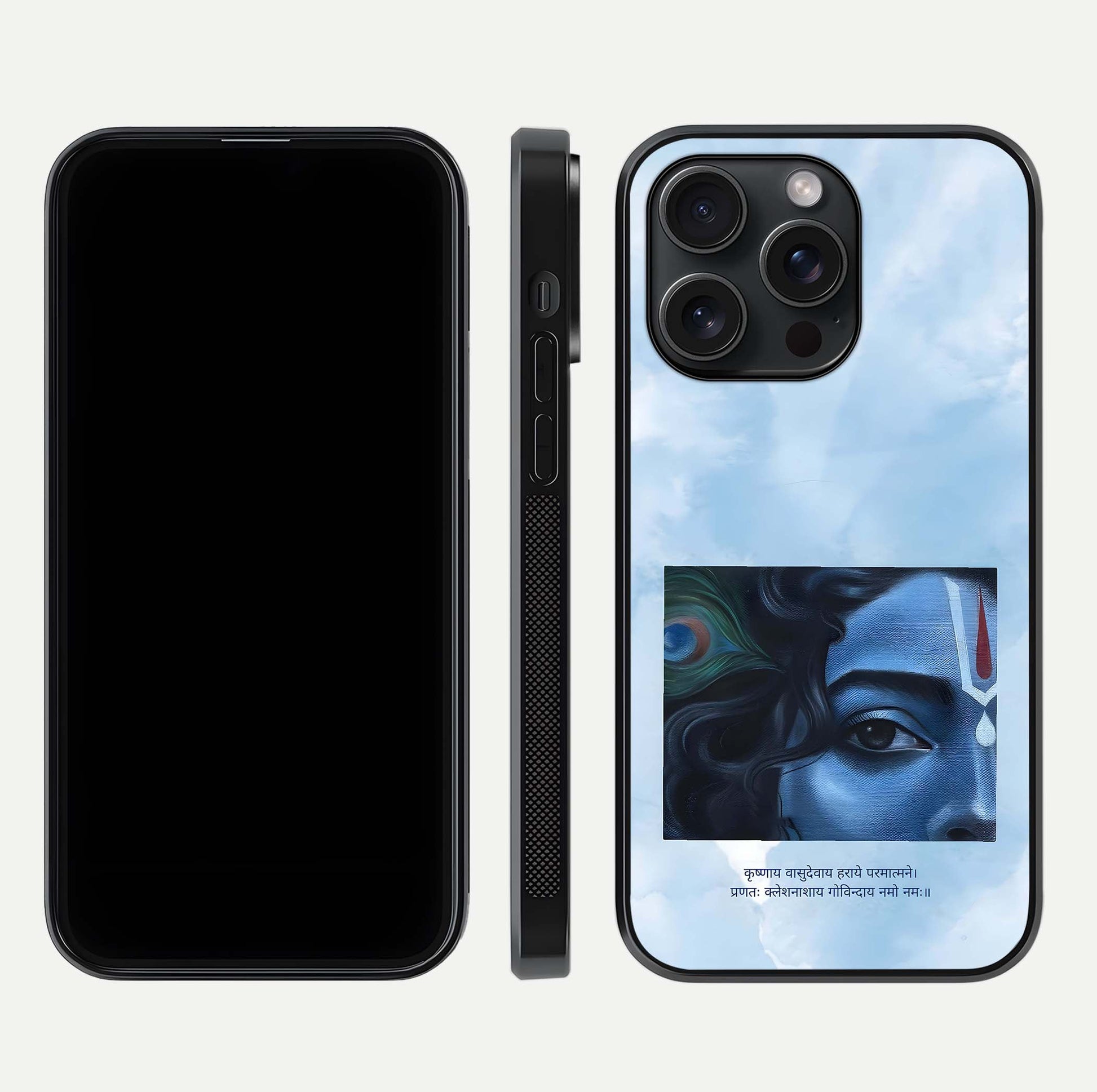Spiritual Krishna Glass Case for iPhone 15 Pro front & back layout showing spiritual artwork and clean edge