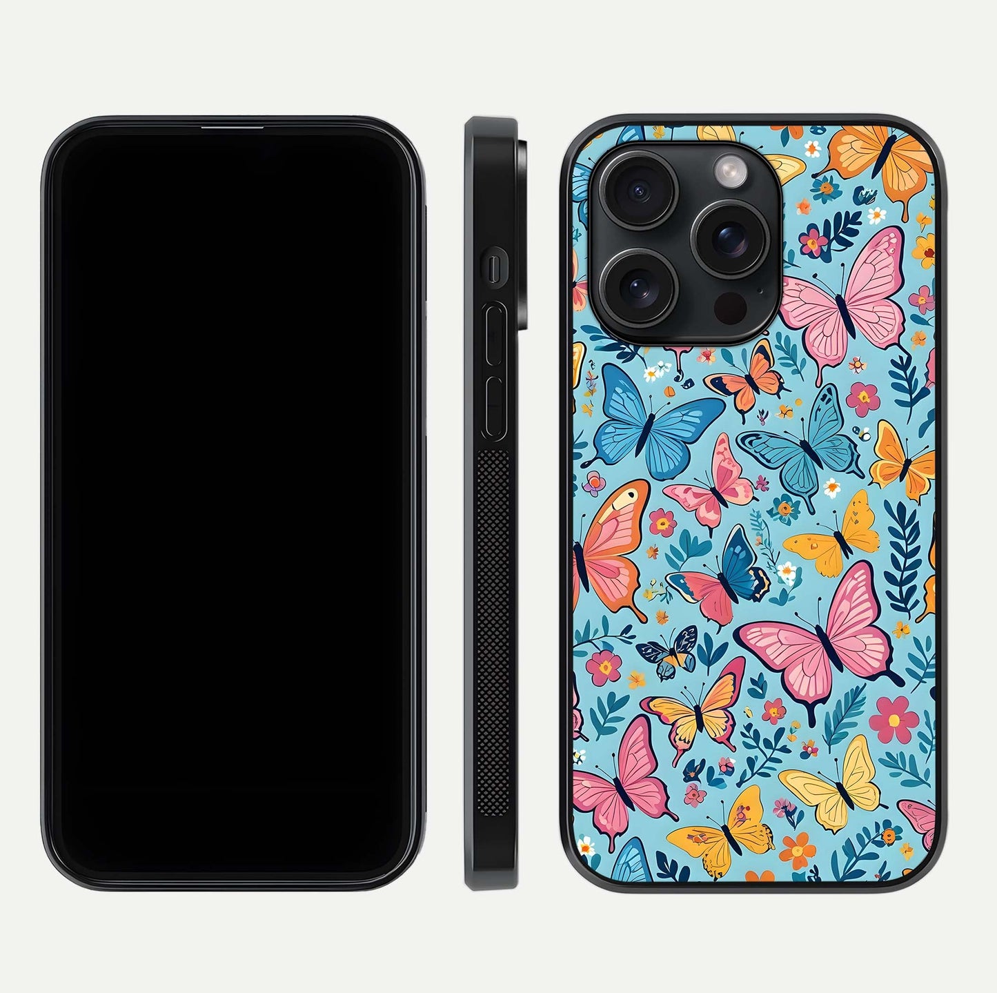 Spring Wing Garden Glass Case for iPhone 15 Pro front & back layout showing soft tones and elegant glass design