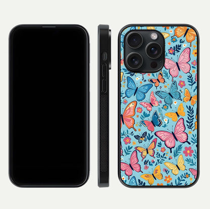 Spring Wing Garden Glass Case for iPhone 15 Pro front & back layout showing soft tones and elegant glass design