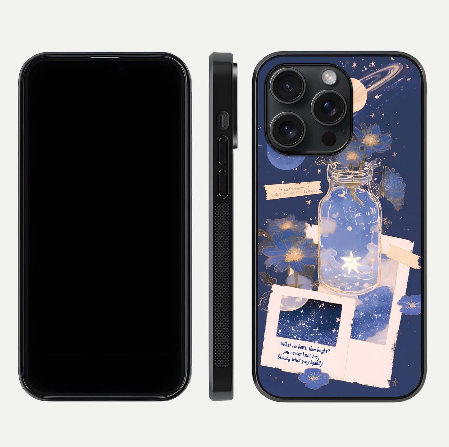Starlit Cosmic Jar Glass Case for iPhone 15 Pro front & back layout showing cosmic pattern and curved glass edge
