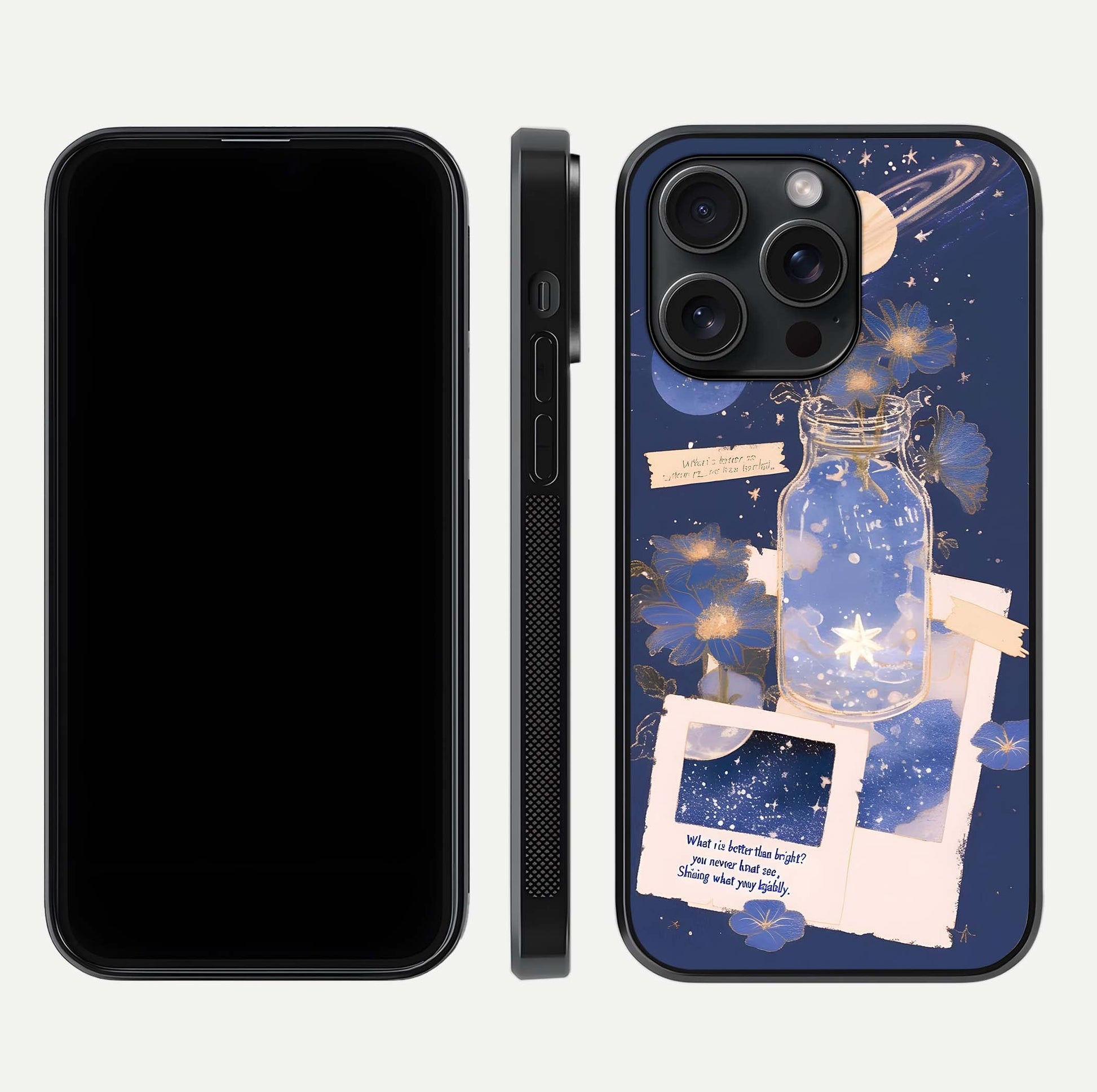 Starlit Cosmic Jar Glass Case for iPhone 15 Pro front & back layout showing cosmic pattern and curved glass edge