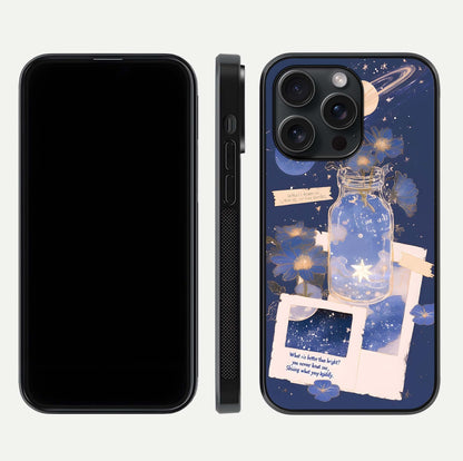 Starlit Cosmic Jar Glass Case for iPhone 15 Pro front & back layout showing cosmic pattern and curved glass edge
