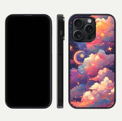 Starlit Dream Clouds Glass Case for iPhone 15 Pro front & back layout showing gradient tones and smooth edge
