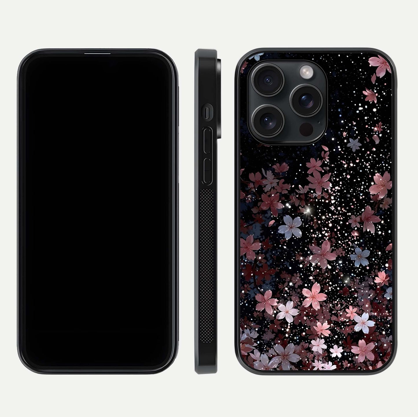 Starlit Flower Dreams Glass Case for iPhone 15 Pro front & back layout showing soft bloom design and curved edge
