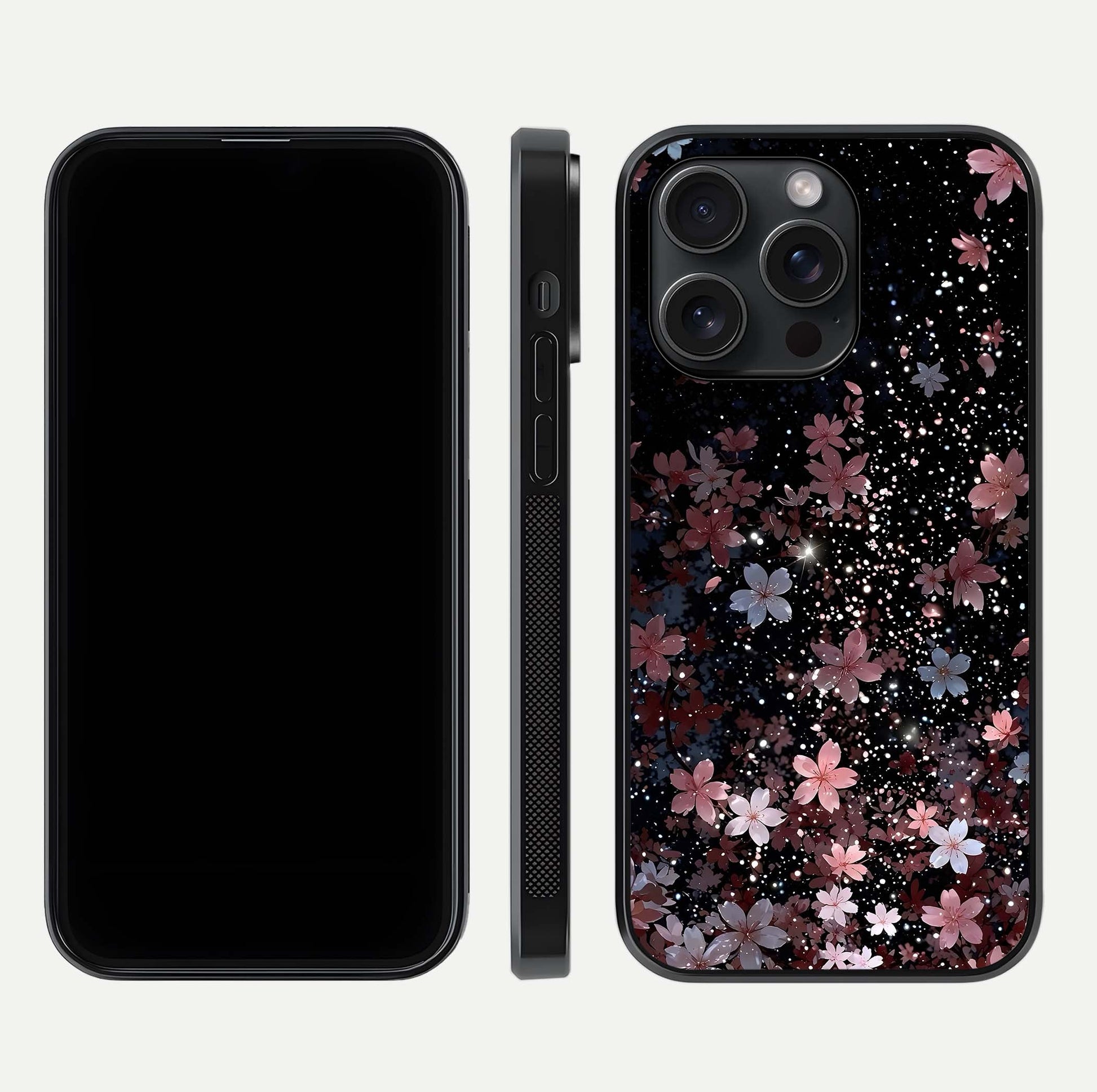 Starlit Flower Dreams Glass Case for iPhone 15 Pro front & back layout showing soft bloom design and curved edge