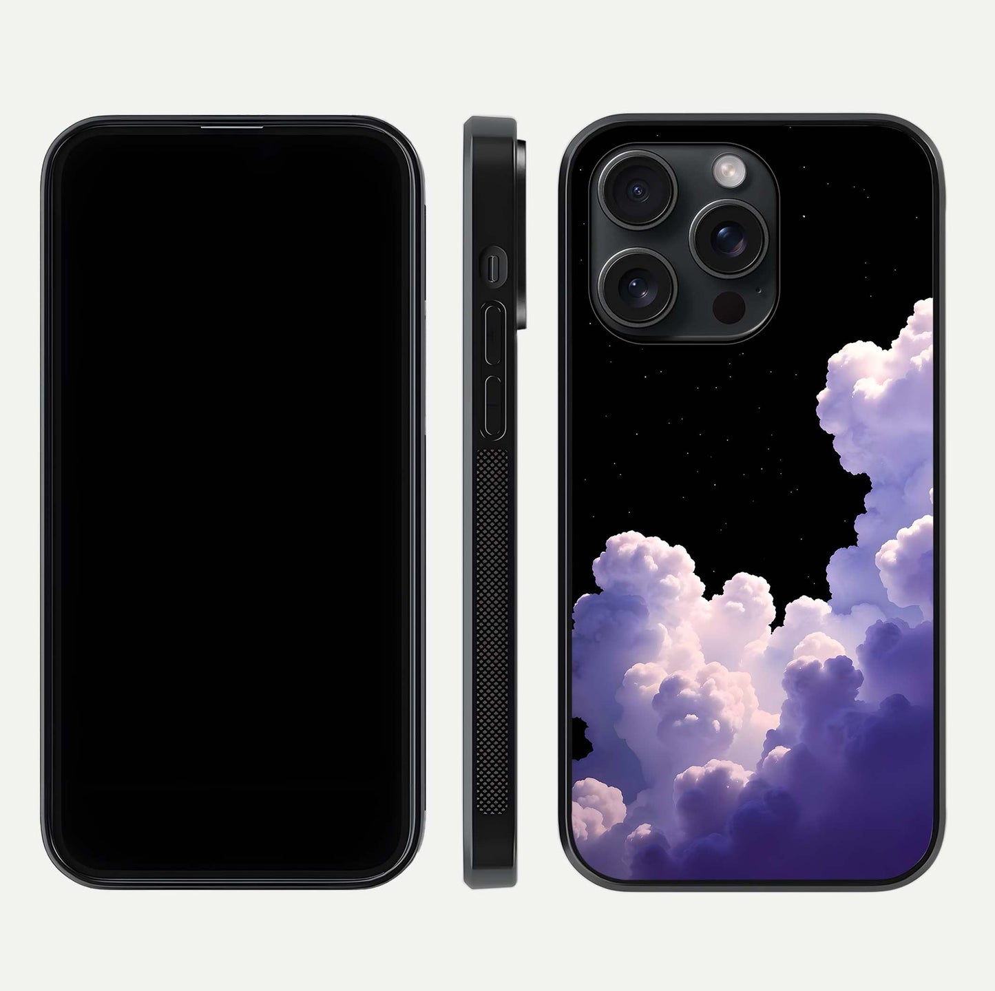 Starlit Night Whispers Glass Case for iPhone 15 Pro front & back layout showing moon tones and curved edges