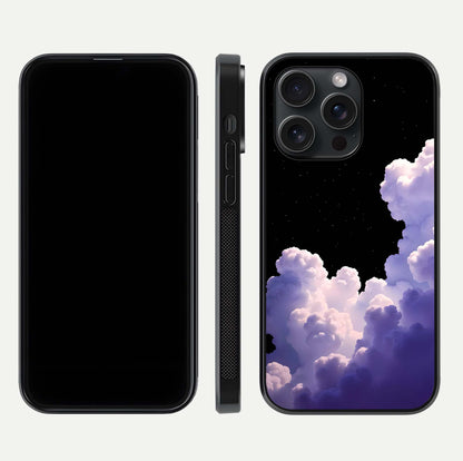 Starlit Night Whispers Glass Case for iPhone 15 Pro front & back layout showing moon tones and curved edges