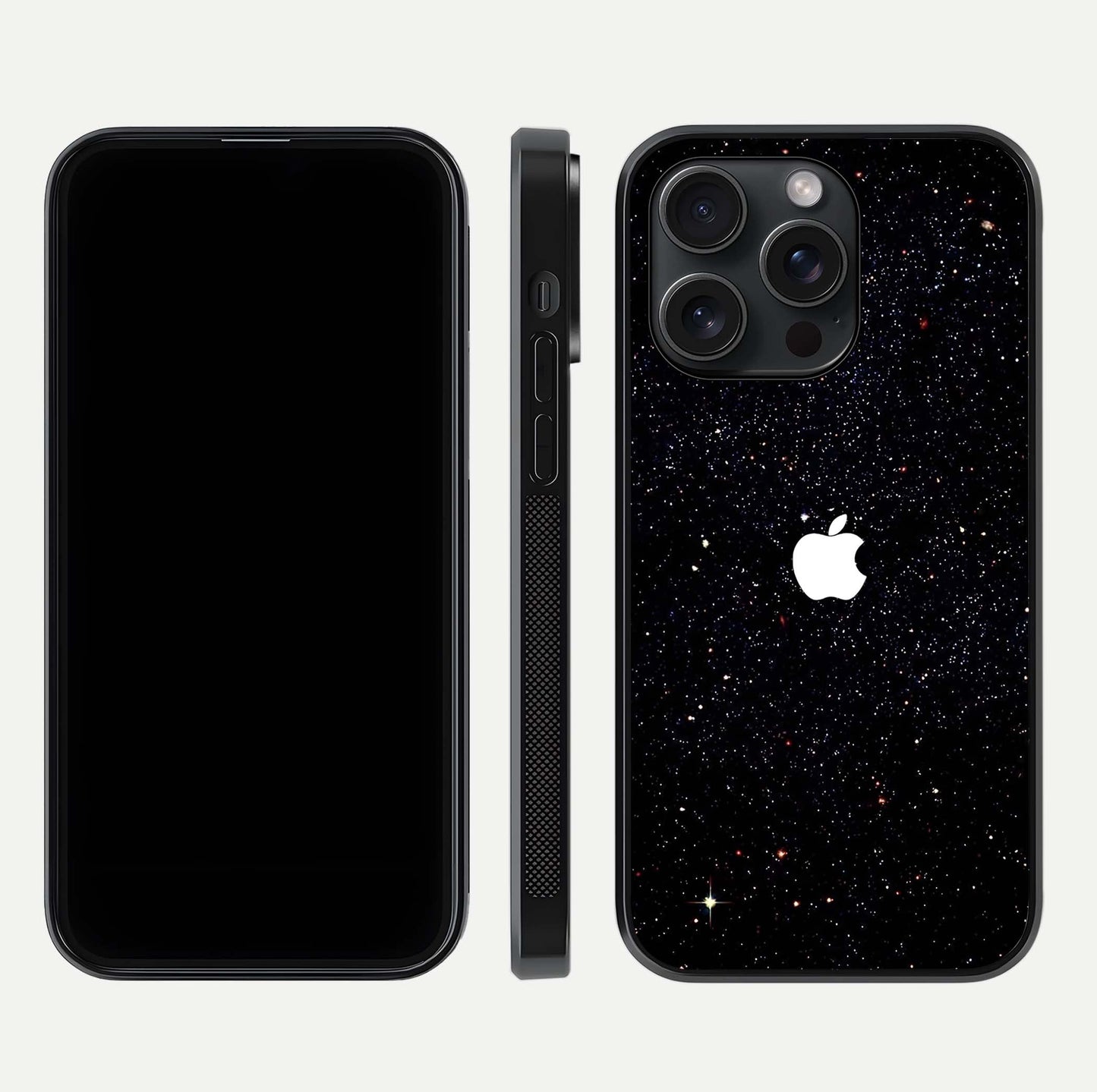 Starry Apple Galaxy Glass Case for iPhone 15 Pro front & back layout showing cosmic tones and sleek edge
