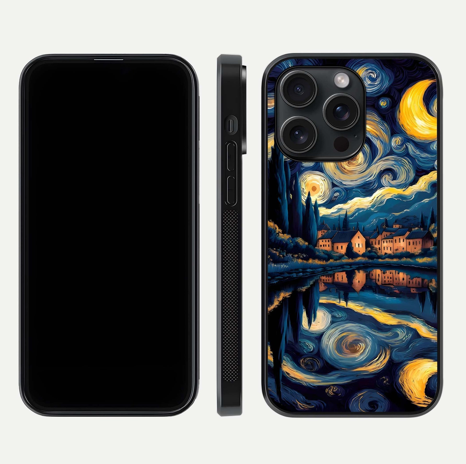 Starry Sky Serenity Glass Case for iPhone 15 Pro front & back layout showing stars and curved glass edges