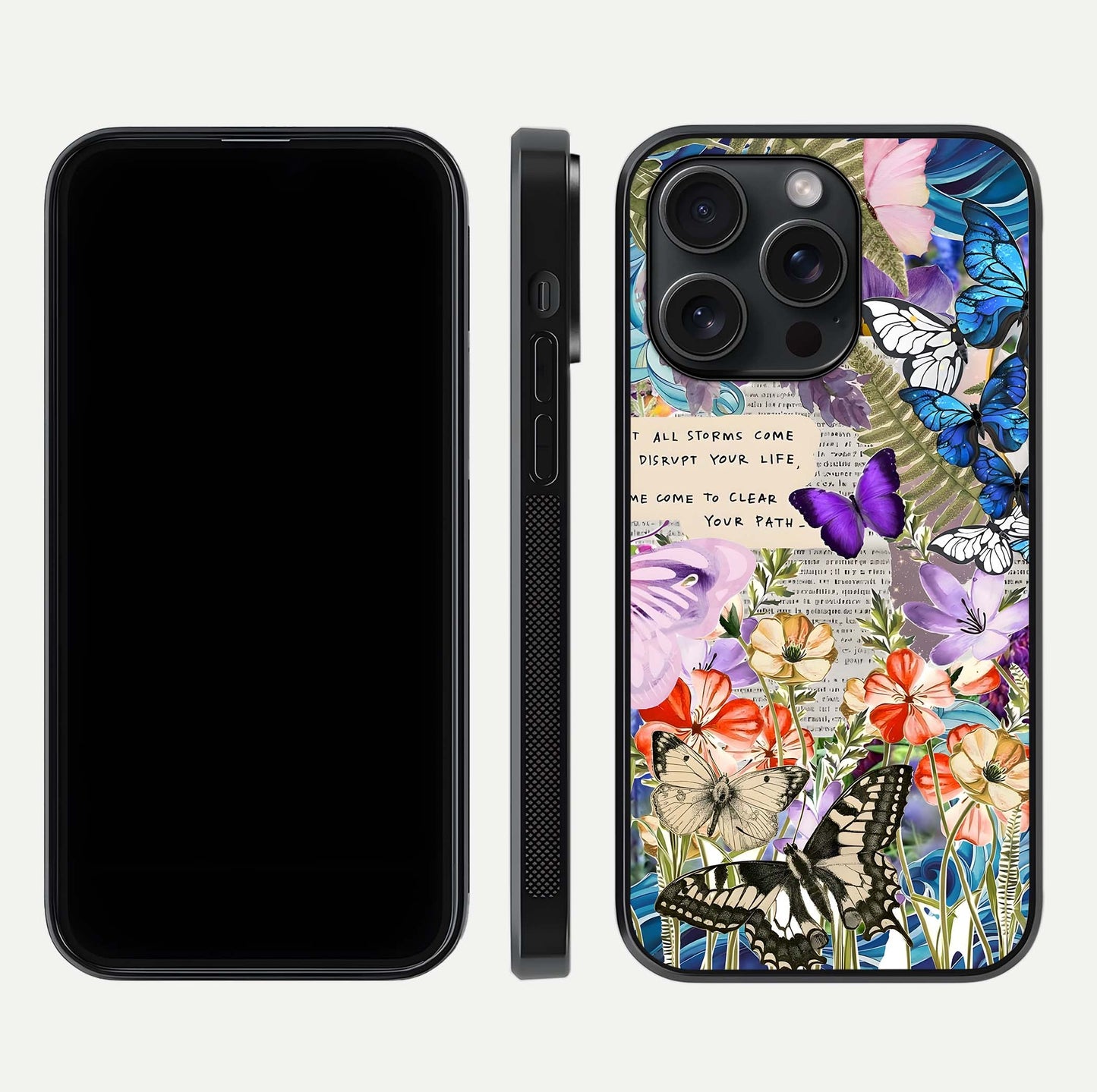 Storm Path Bloom Glass Case for iPhone 15 Pro front & back layout showing moody floral blend and edges