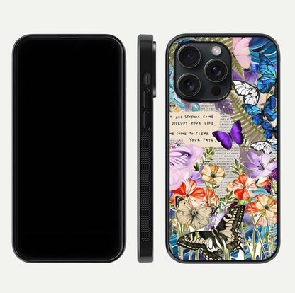 Storm Path Bloom Glass Case for iPhone 15 Pro front & back layout showing moody floral blend and edges