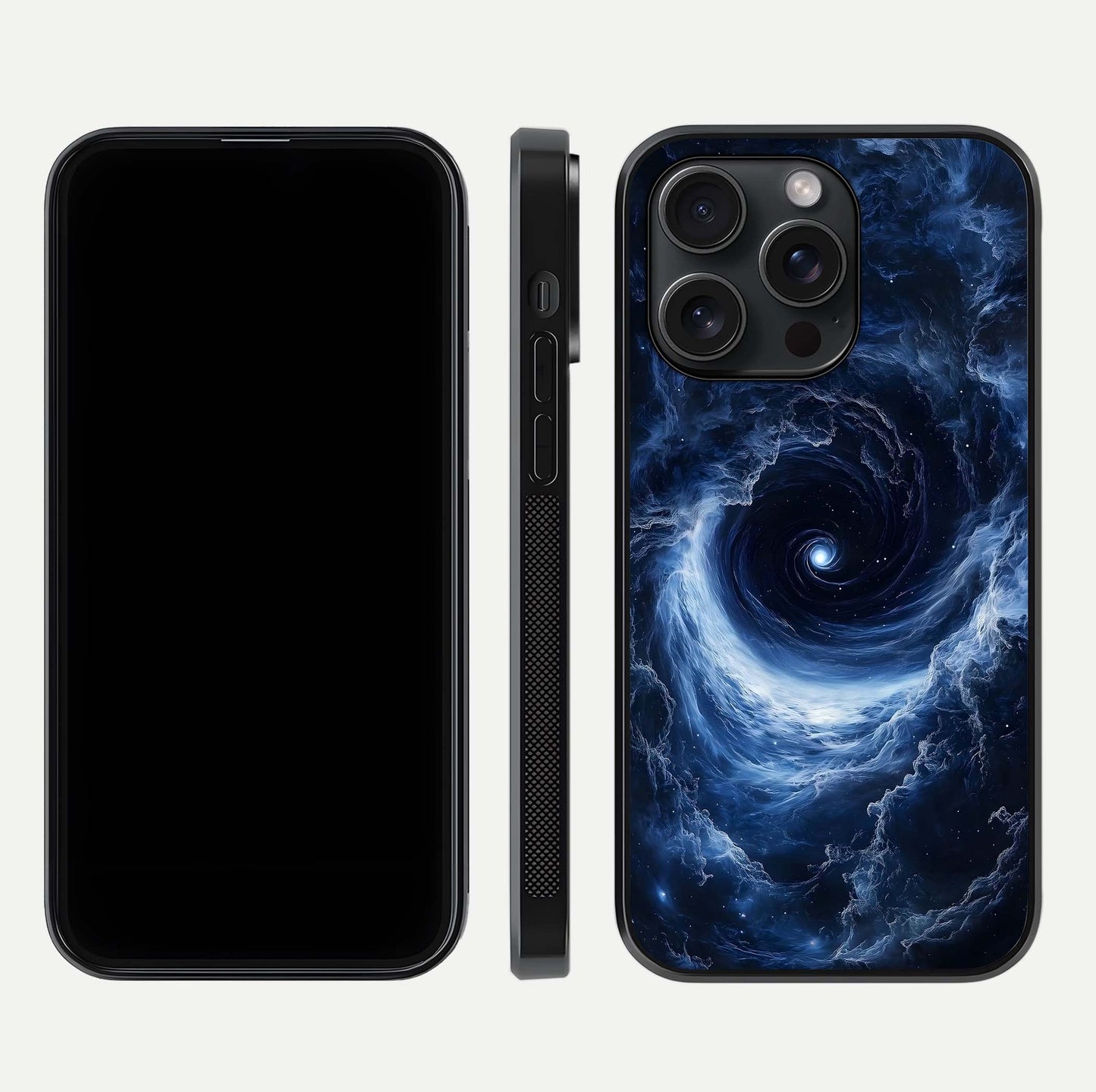 Stunning Galaxy Glass Case for iPhone 15 Pro front & back layout showing deep cosmic hues and clean edges
