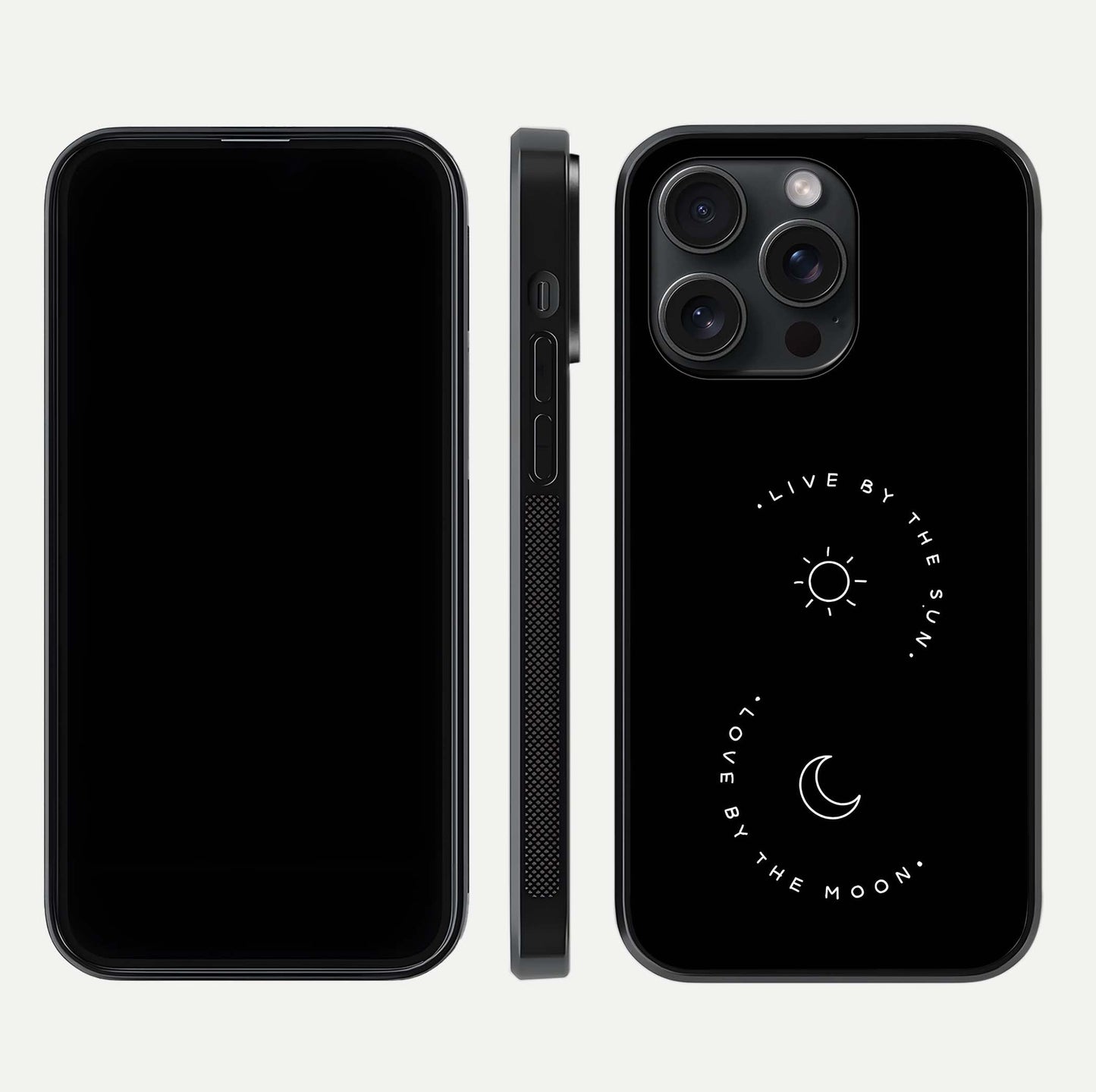 Sun Moon Balance Glass Case for iPhone 15 Pro front & back layout showing smooth gradient and balanced design