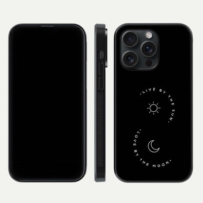 Sun Moon Balance Glass Case for iPhone 15 Pro front & back layout showing smooth gradient and balanced design