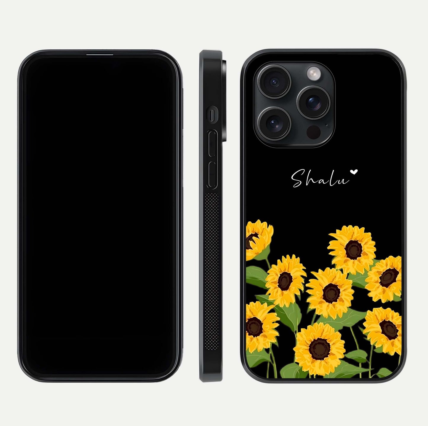 Sunflower Chic Mood Custom Name Glass Case for iPhone 15 Pro front & back layout highlighting custom text zone and shine