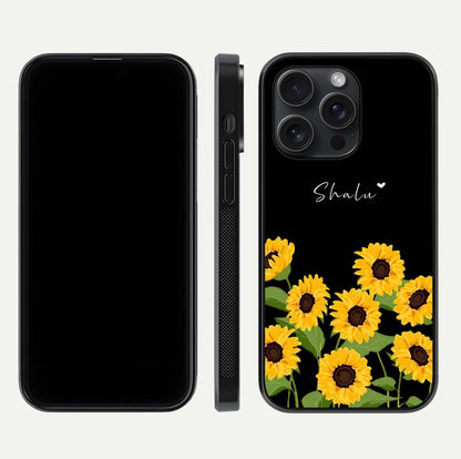 Sunflower Chic Mood Custom Name Glass Case for iPhone 15 Pro front & back layout highlighting custom text zone and shine