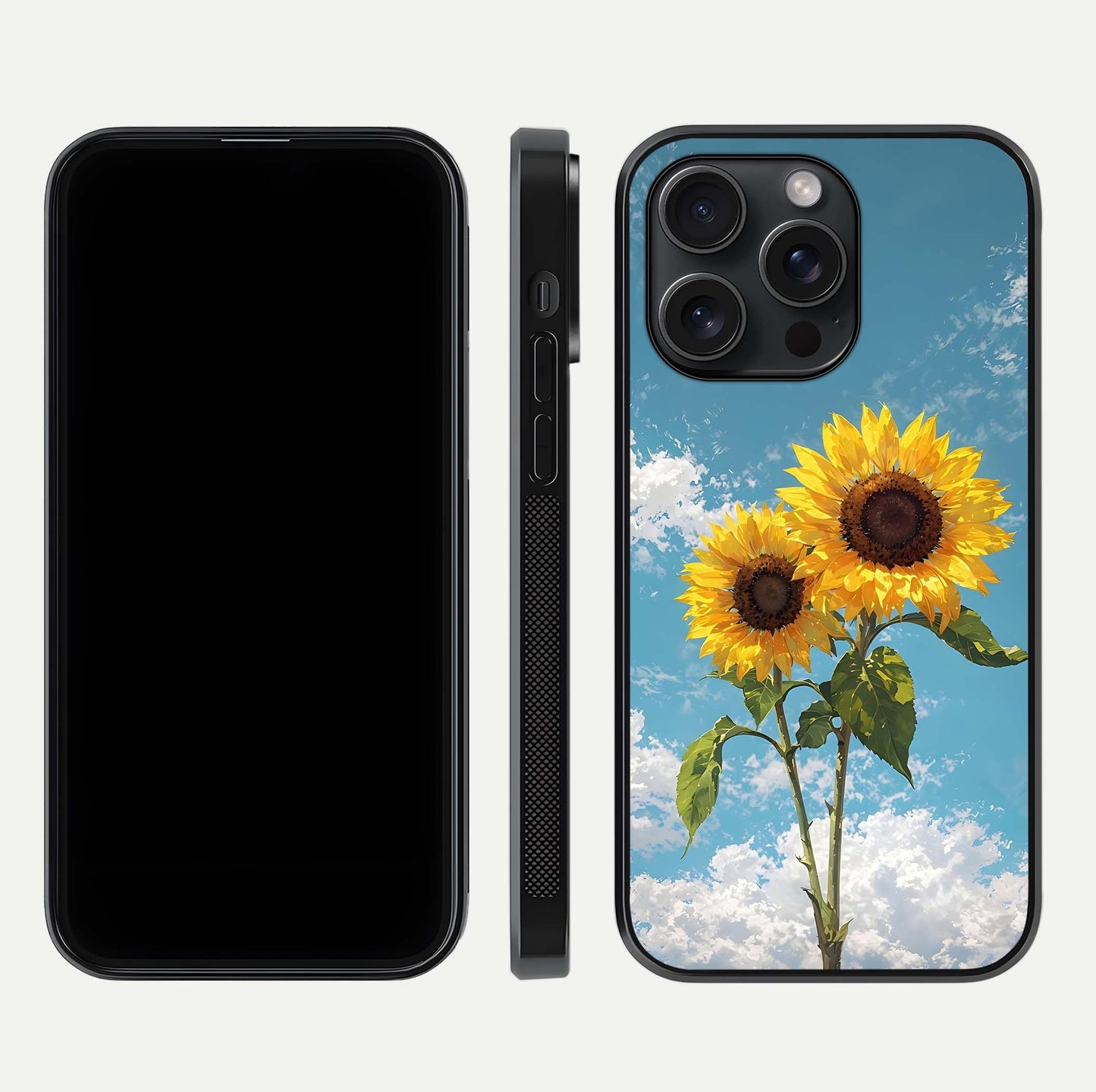 Sunflower Sky Bloom Glass Case for iPhone 15 Pro front & back layout showing soft blue tones and flower contrast