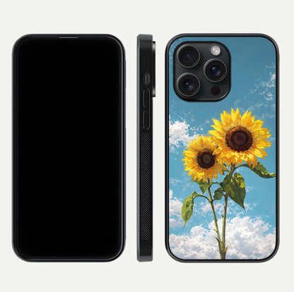 Sunflower Sky Bloom Glass Case for iPhone 15 Pro front & back layout showing soft blue tones and flower contrast
