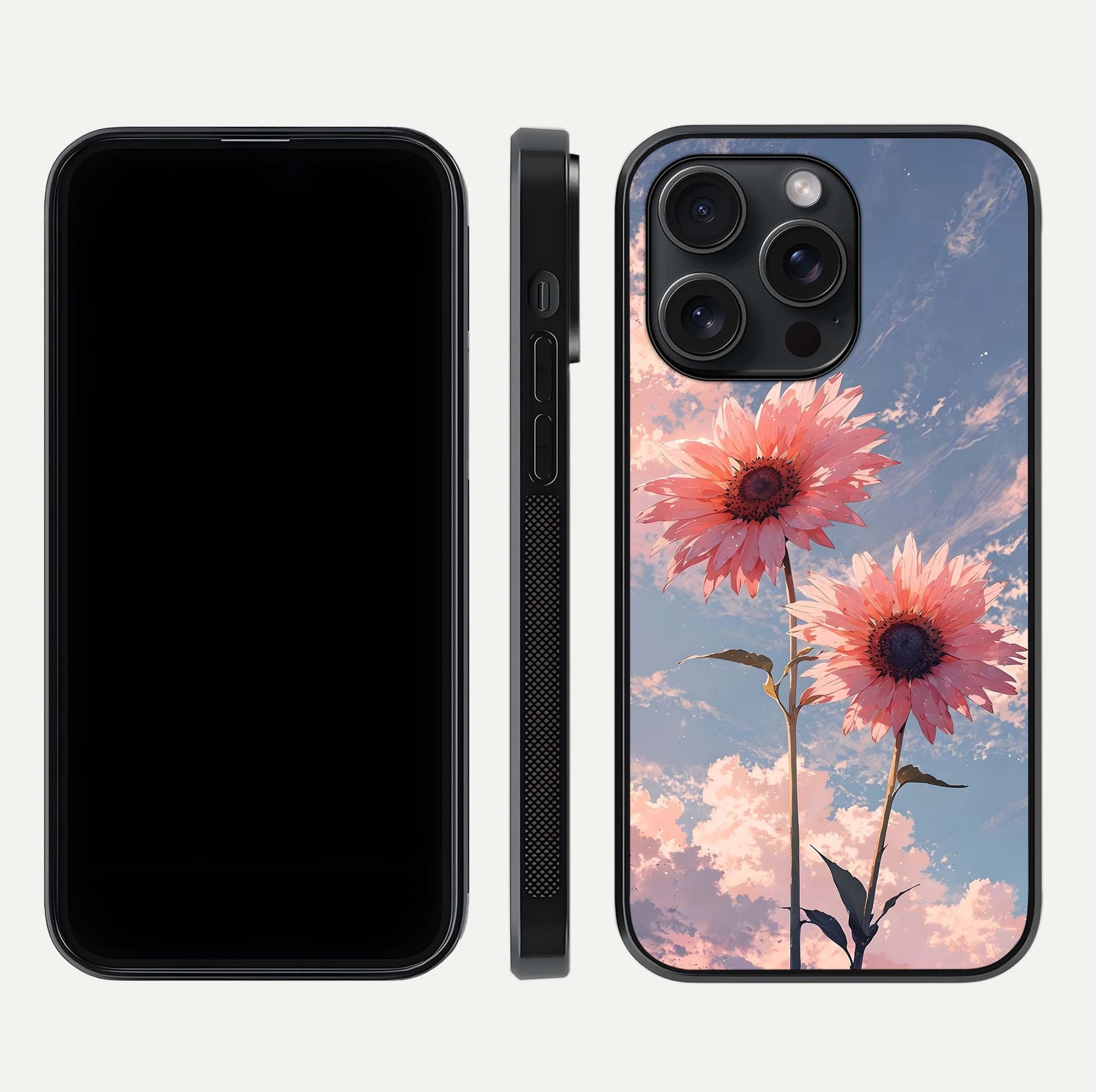 Sunlit Daisy Glow Glass Case for iPhone 15 Pro front & back layout showing vibrant sunlight hues and clean edge
