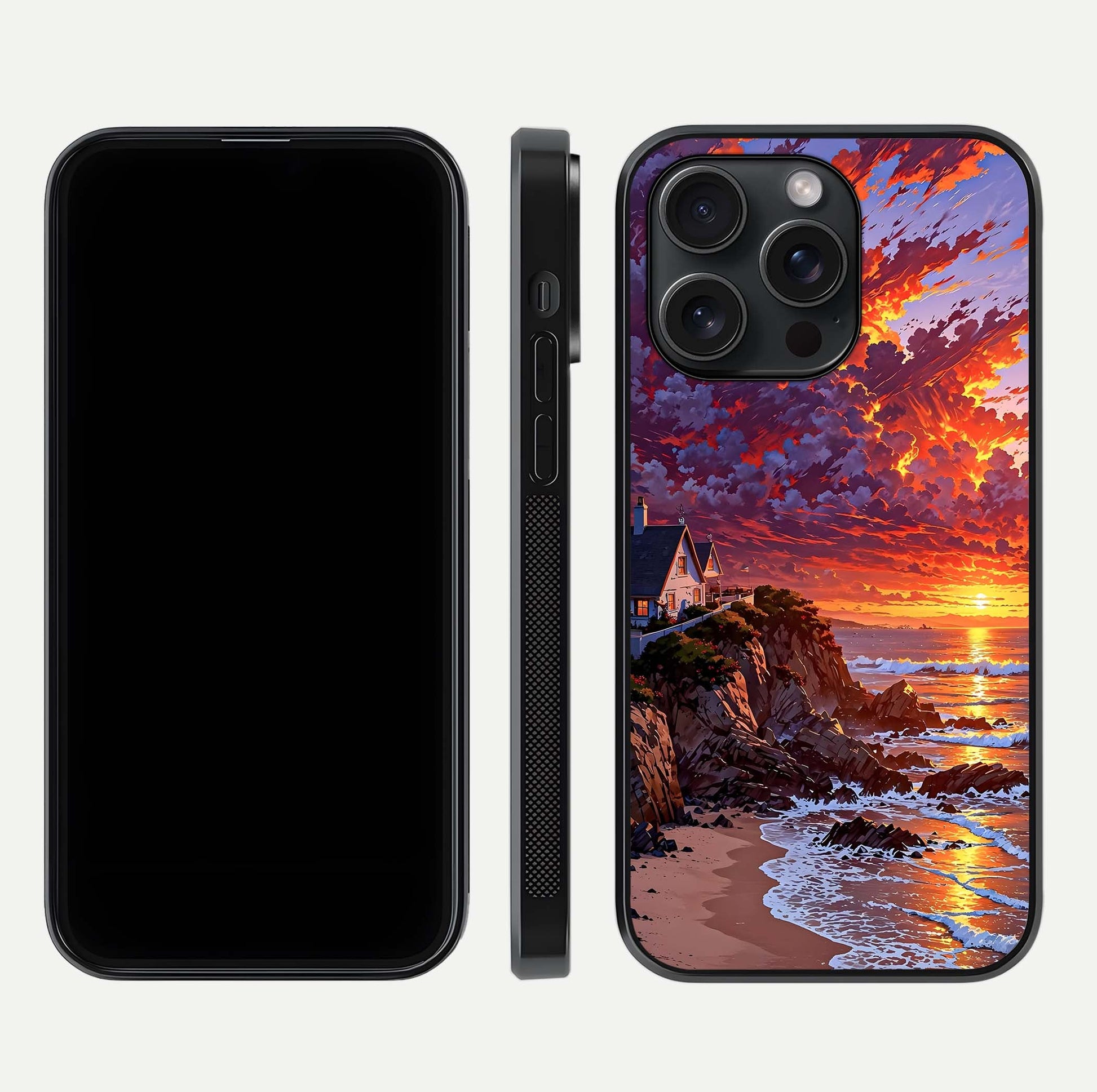 Sunset House by Sea Glass Case for iPhone 15 Pro front & back layout showing scenic gradient and curved edge