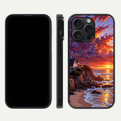 Sunset House by Sea Glass Case for iPhone 15 Pro front & back layout showing scenic gradient and curved edge