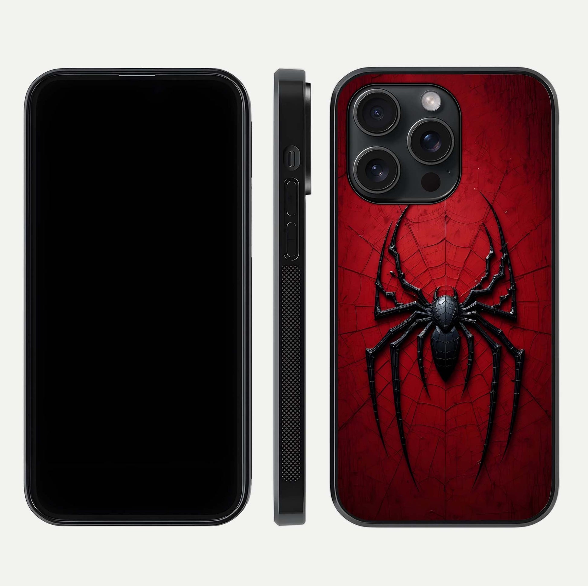 Venom Web Emblem Glass Case for iPhone 15 Pro front & back layout showing contrast art and curved glass edges