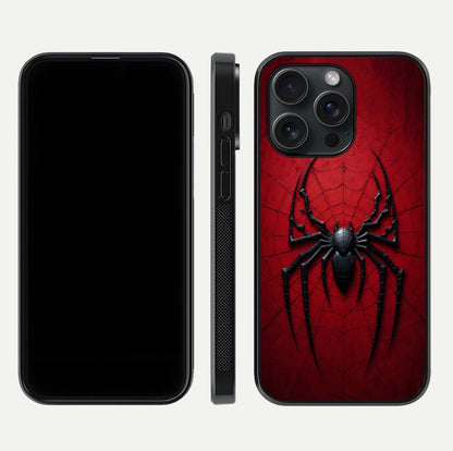 Venom Web Emblem Glass Case for iPhone 15 Pro front & back layout showing contrast art and curved glass edges