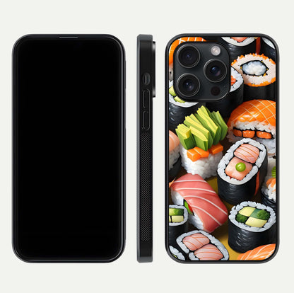 Sushi Food Pattern Glass Case for iPhone 15 Pro front & back layout showing playful food theme and clear edges