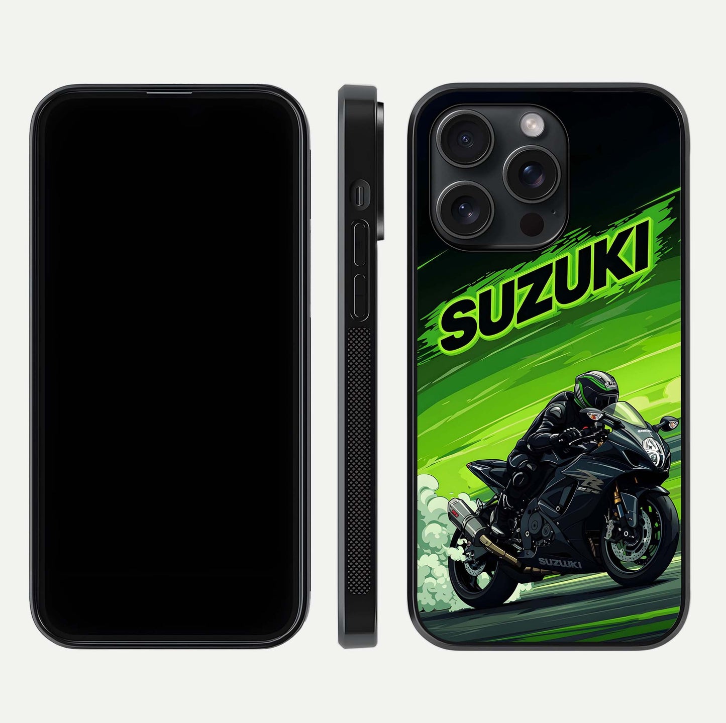 Suzuki Speed Beast Glass Case for iPhone 15 Pro front & back layout showing motion blur and sleek edges
