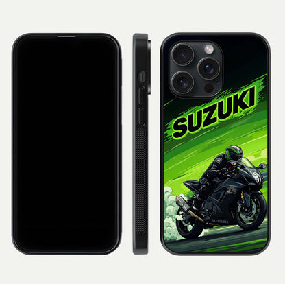 Suzuki Speed Beast Glass Case for iPhone 15 Pro front & back layout showing motion blur and sleek edges