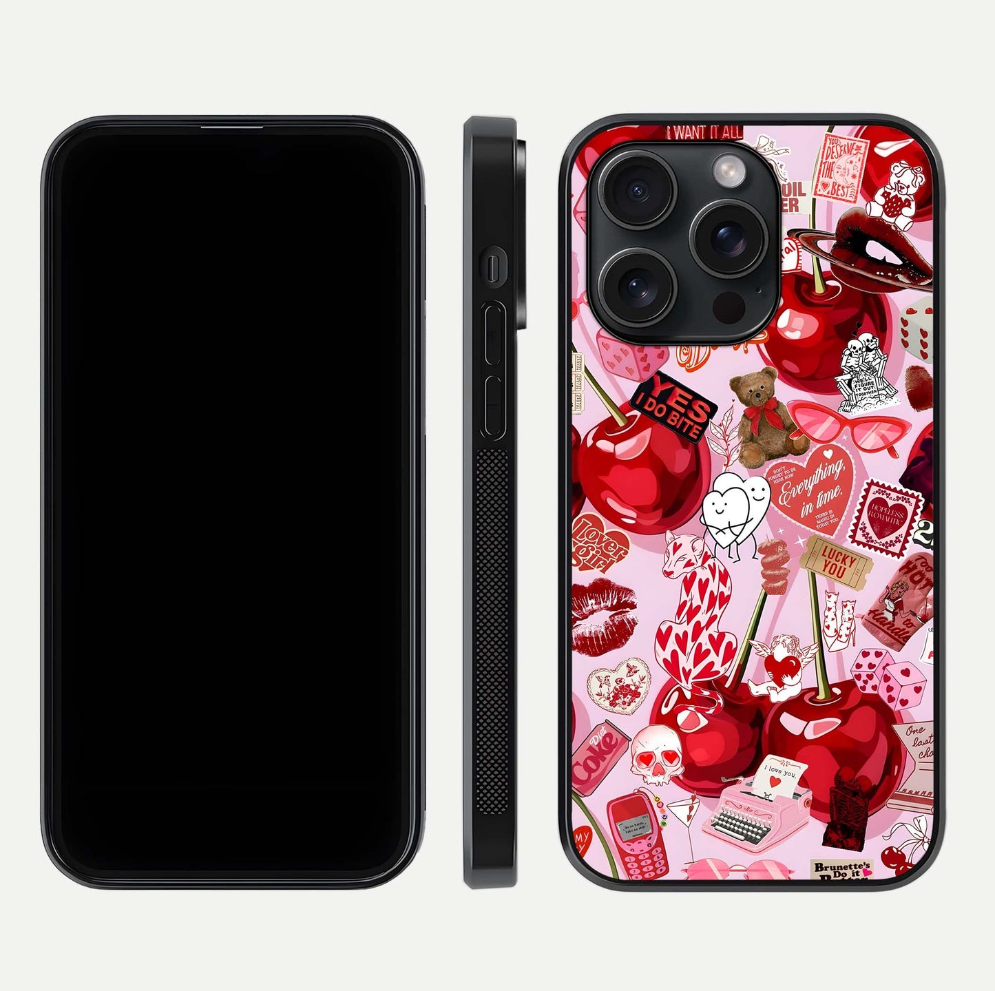 Sweet Cherry Chaos Glass Case for iPhone 15 Pro front & back layout showing vibrant cherries and smooth edges