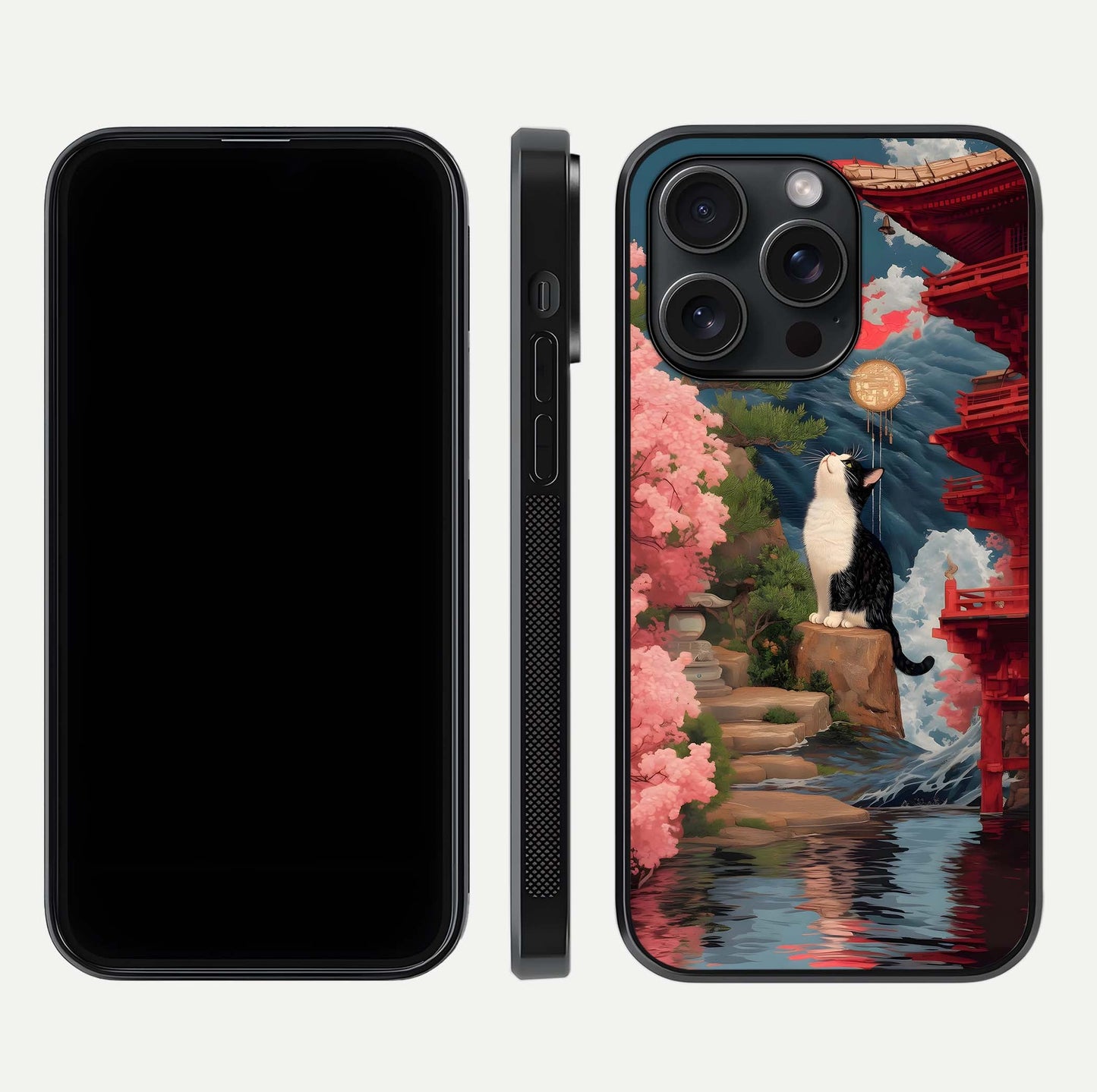 Temple Cat Scenery Glass Case for iPhone 15 Pro front & back layout showing scenic print and edge design