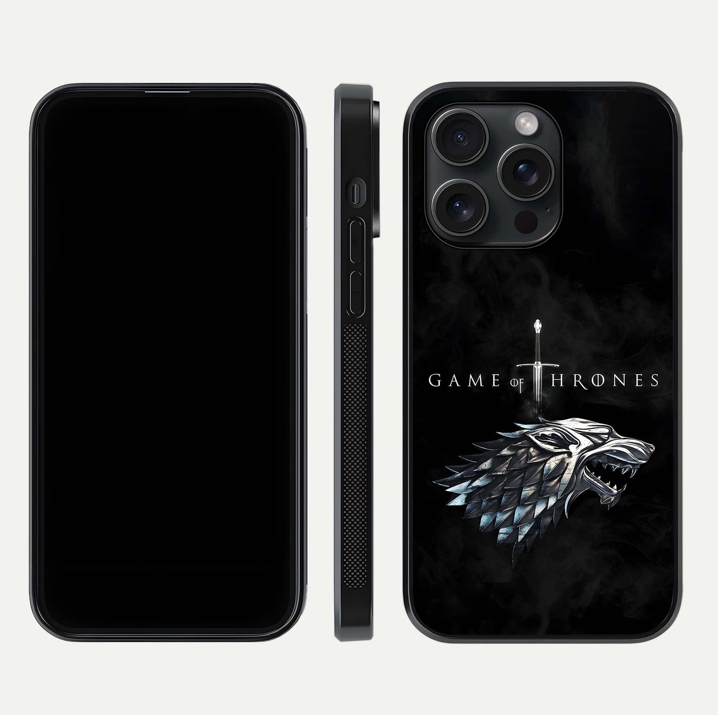 Throne Wolf Legacy Glass Case for iPhone 15 Pro front & back layout showing bold pattern and sharp edge