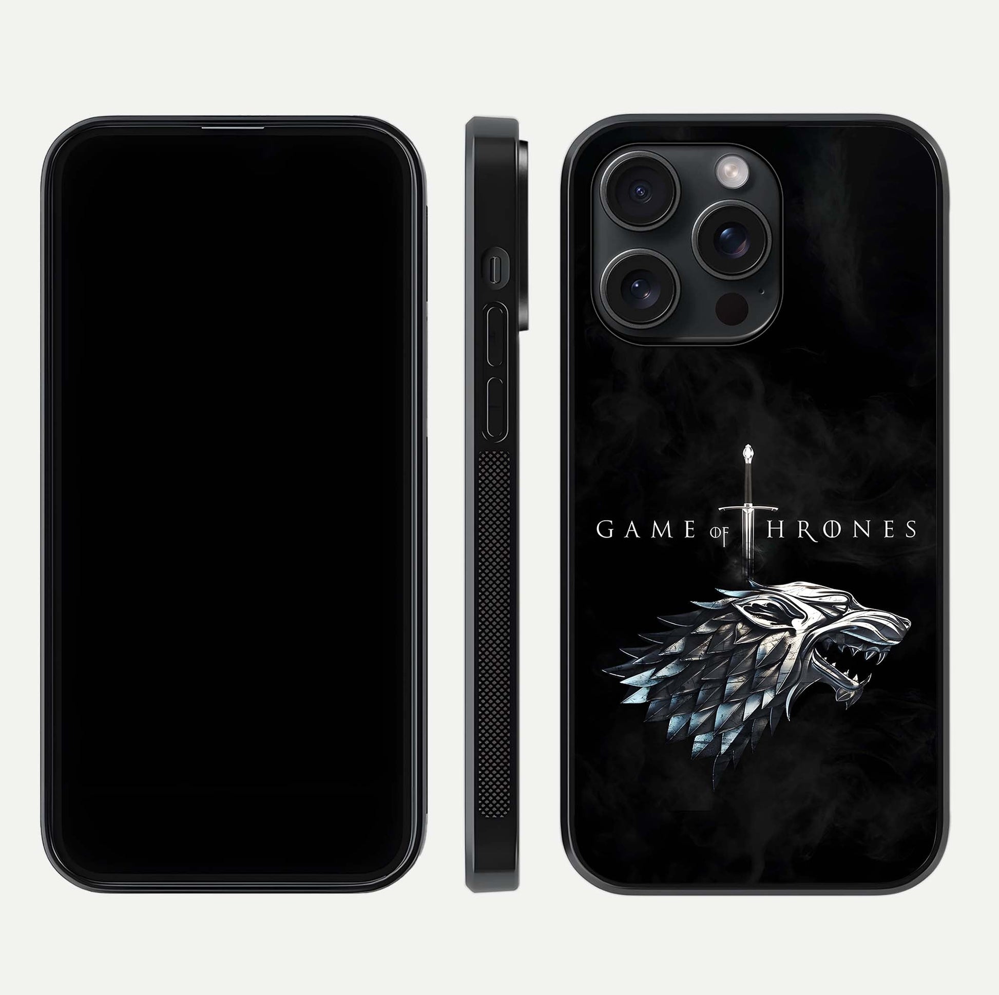 Throne Wolf Legacy Glass Case for iPhone 15 Pro front & back layout showing bold pattern and sharp edge