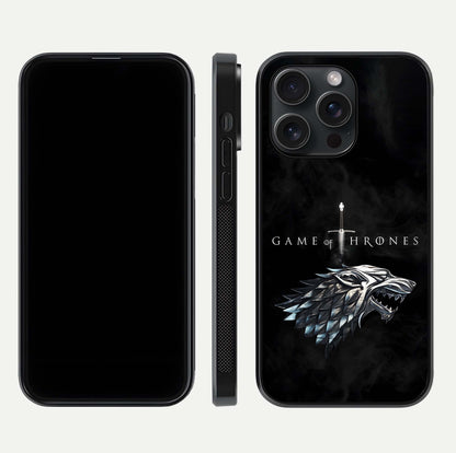 Throne Wolf Legacy Glass Case for iPhone 15 Pro front & back layout showing bold pattern and sharp edge