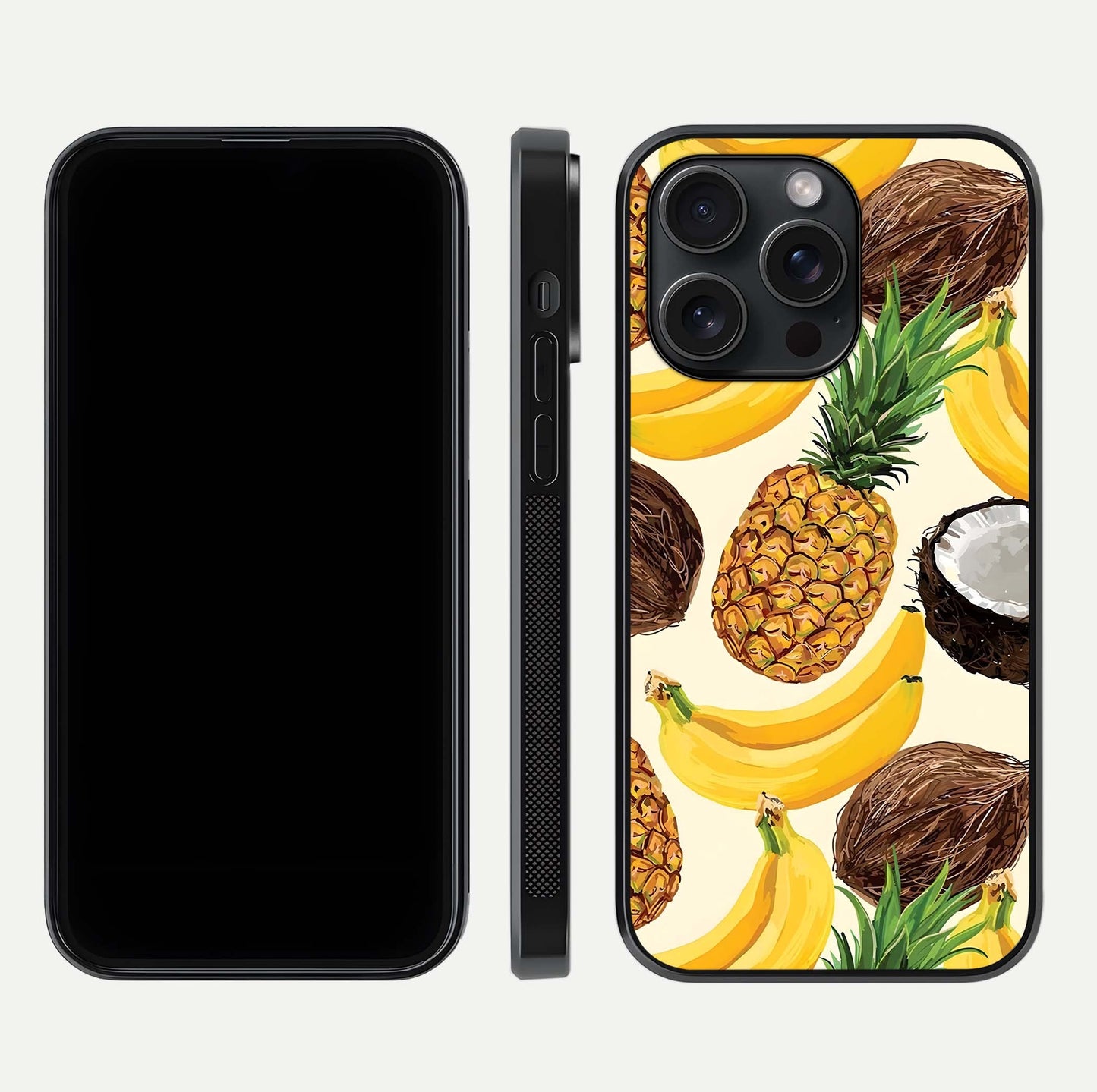 Tropical Fruit Mood Glass Case for iPhone 15 Pro front & back layout showing playful tones and clean edge