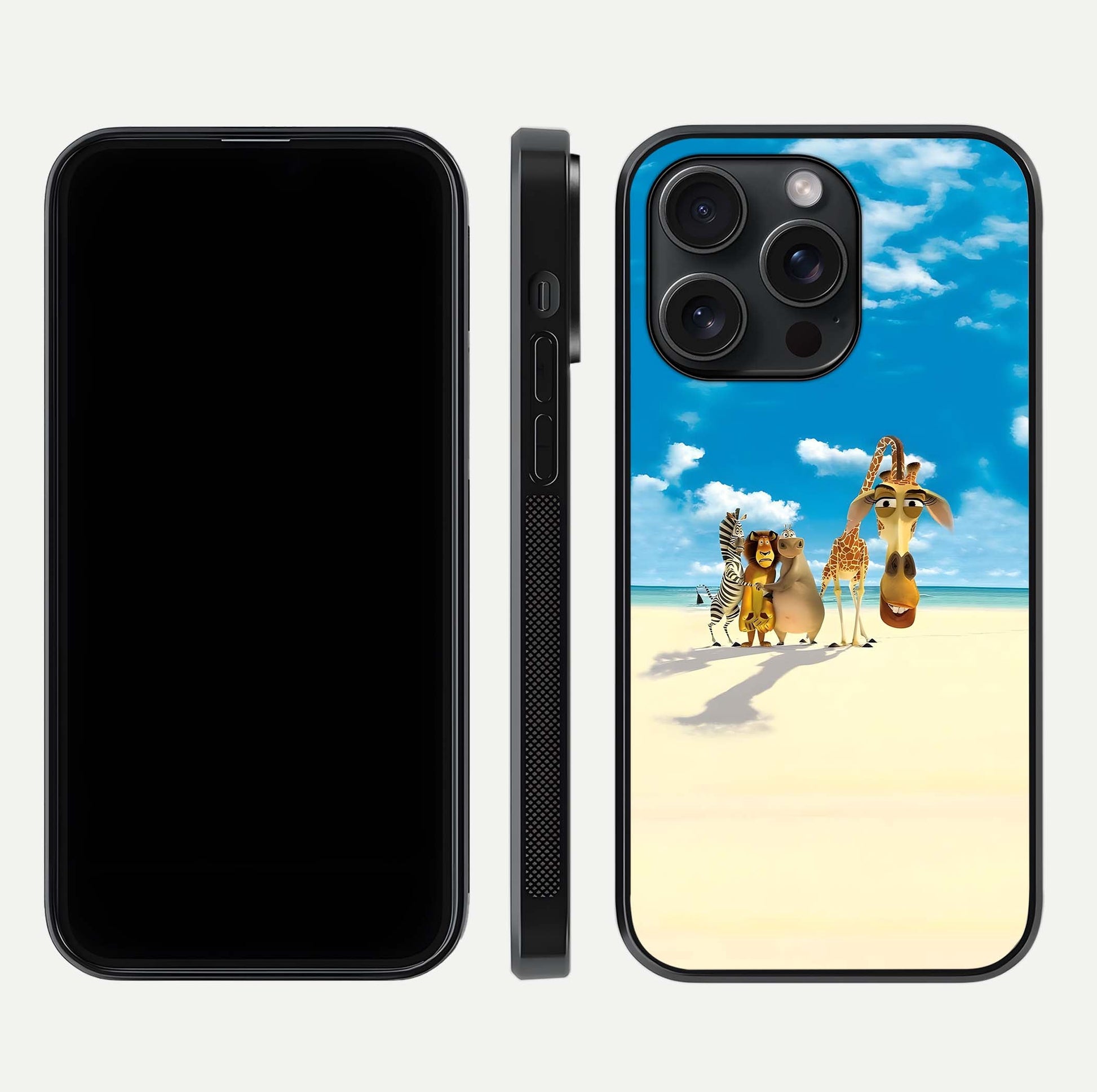 Tropical Fun Squad Glass Case for iPhone 15 Pro front & back layout showing fun pattern and smooth edges