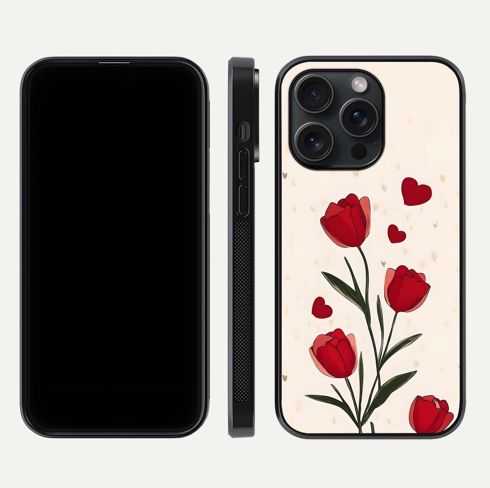 Tulip With Heart Glass Case for iPhone 15 Pro front & back layout showing heart motif and elegant gloss finish